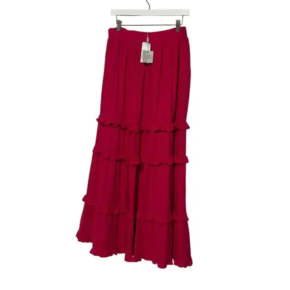 CUPIO WOMENS SIZE MEDIUM RUFFLE TIERED LINED MAXI SKIRT BRIGHT ROSE PINK NEW - Picture 3 of 11